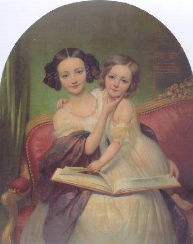 Joseph-Desire Court Portrait de Marguerite Louise Cibiel et de Marie Aglaure Cibiel assises sur un sofa, feuilletant un livre